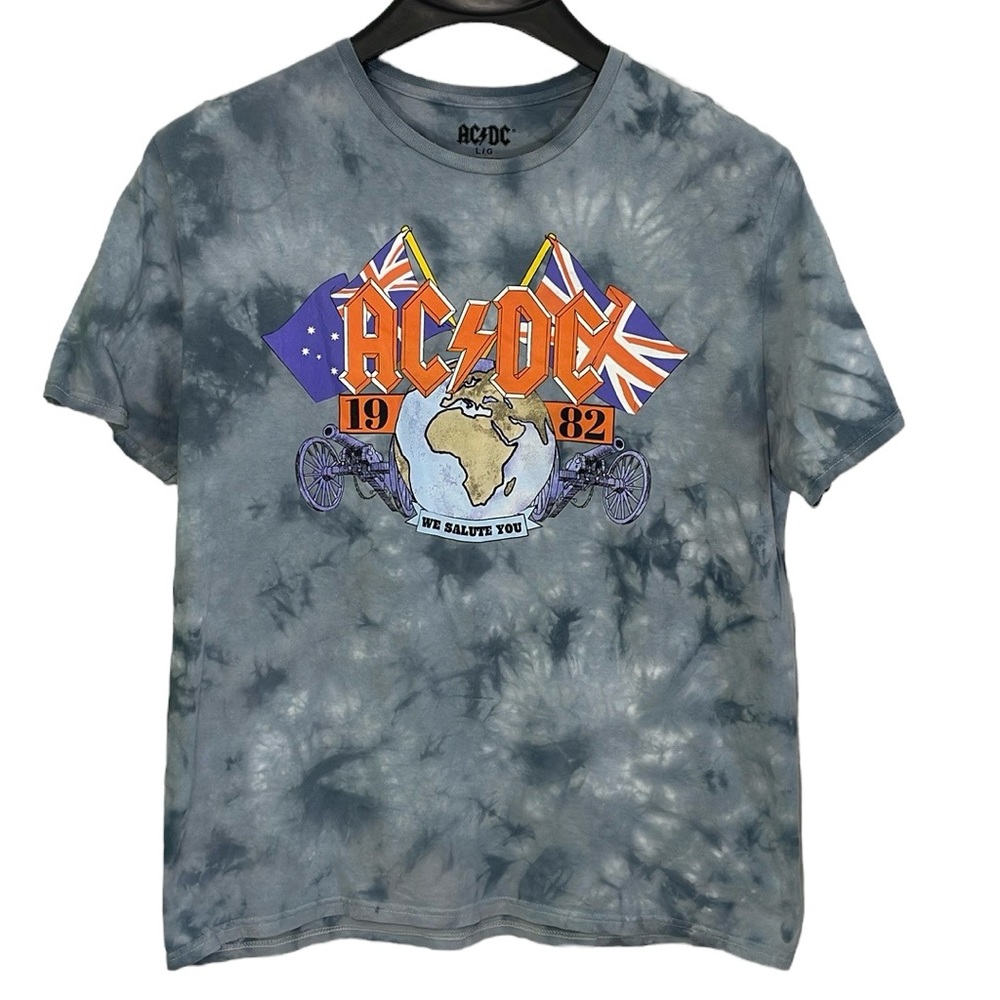 AC/DC men's Size Large blue/grey tie dye 1982 World Tour cotton t-shirt.